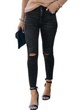 High Rise Skinny Ripped Jeans for Women | Stretchy High Waisted Destroyed Denim